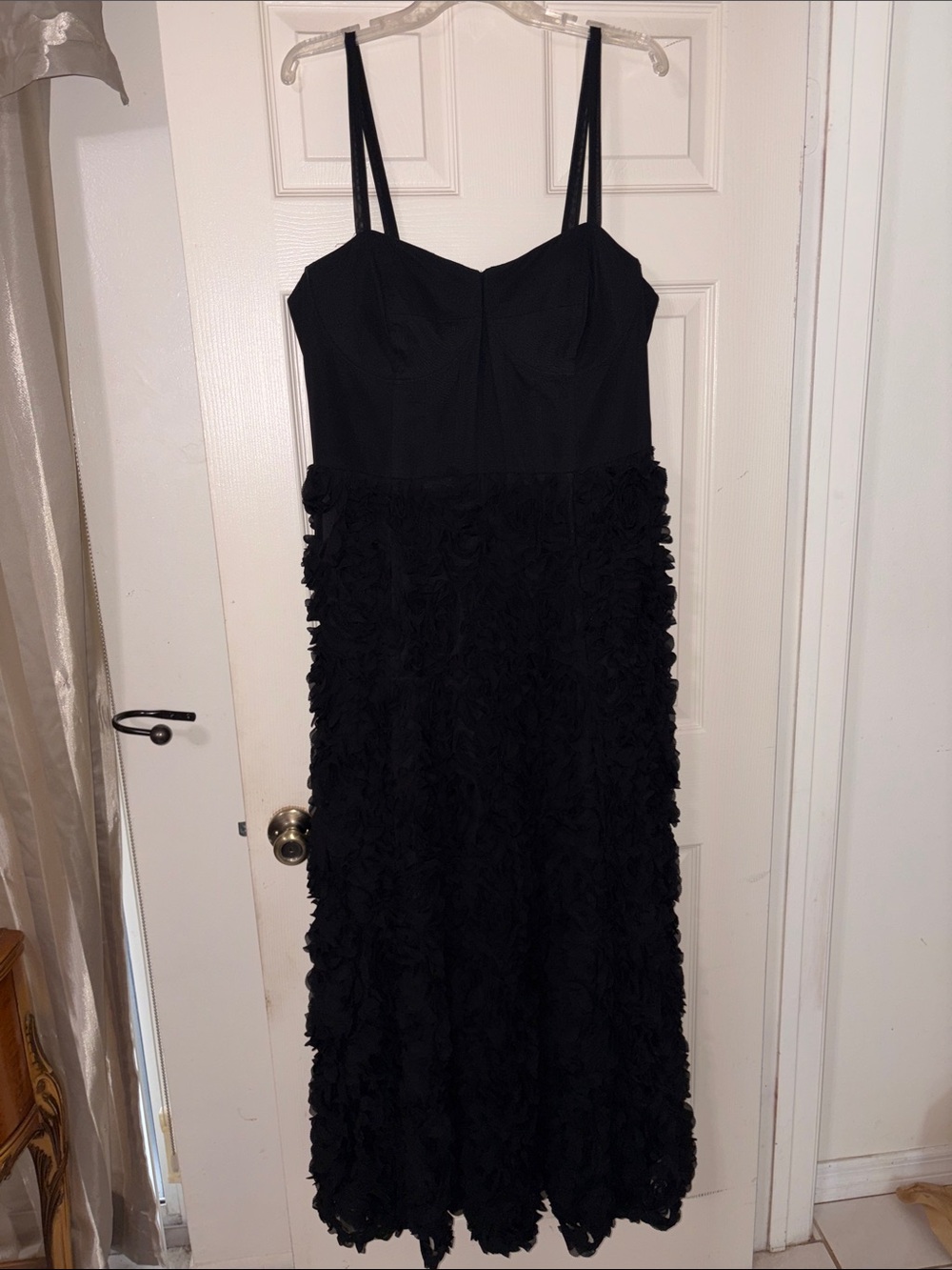 Black Spaghetti Strap Floral Appliqué Formal Dress